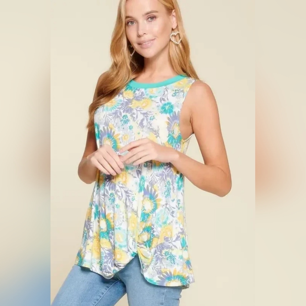 Boho Floral Knot-Front Sleeveless Tunic Top - Teal & Yellow - Size M